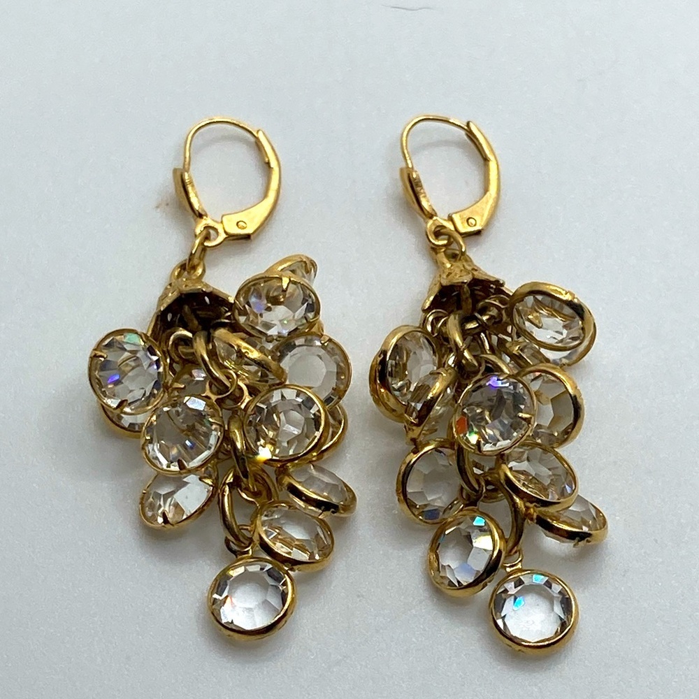 Vtg Clear Crystal Bezel Set Gold Tone Cluster Dangle Earrings / 2”